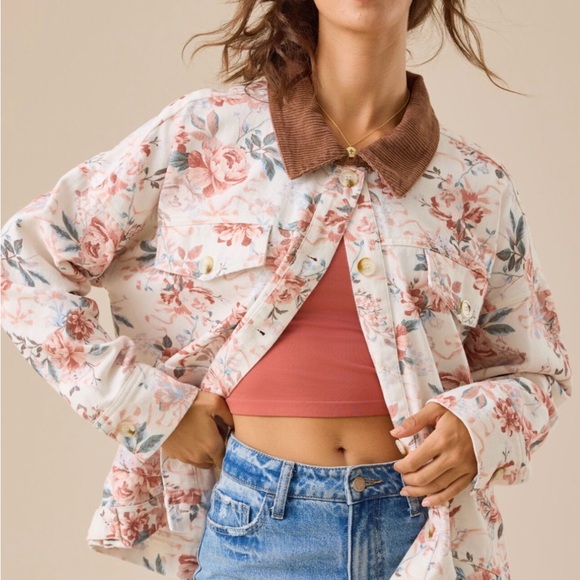 Altar'd State Jackets & Blazers - 🌸NWOT Altar’d State Floral Barn Chore Denim White Collared Jacket | Cottagecore